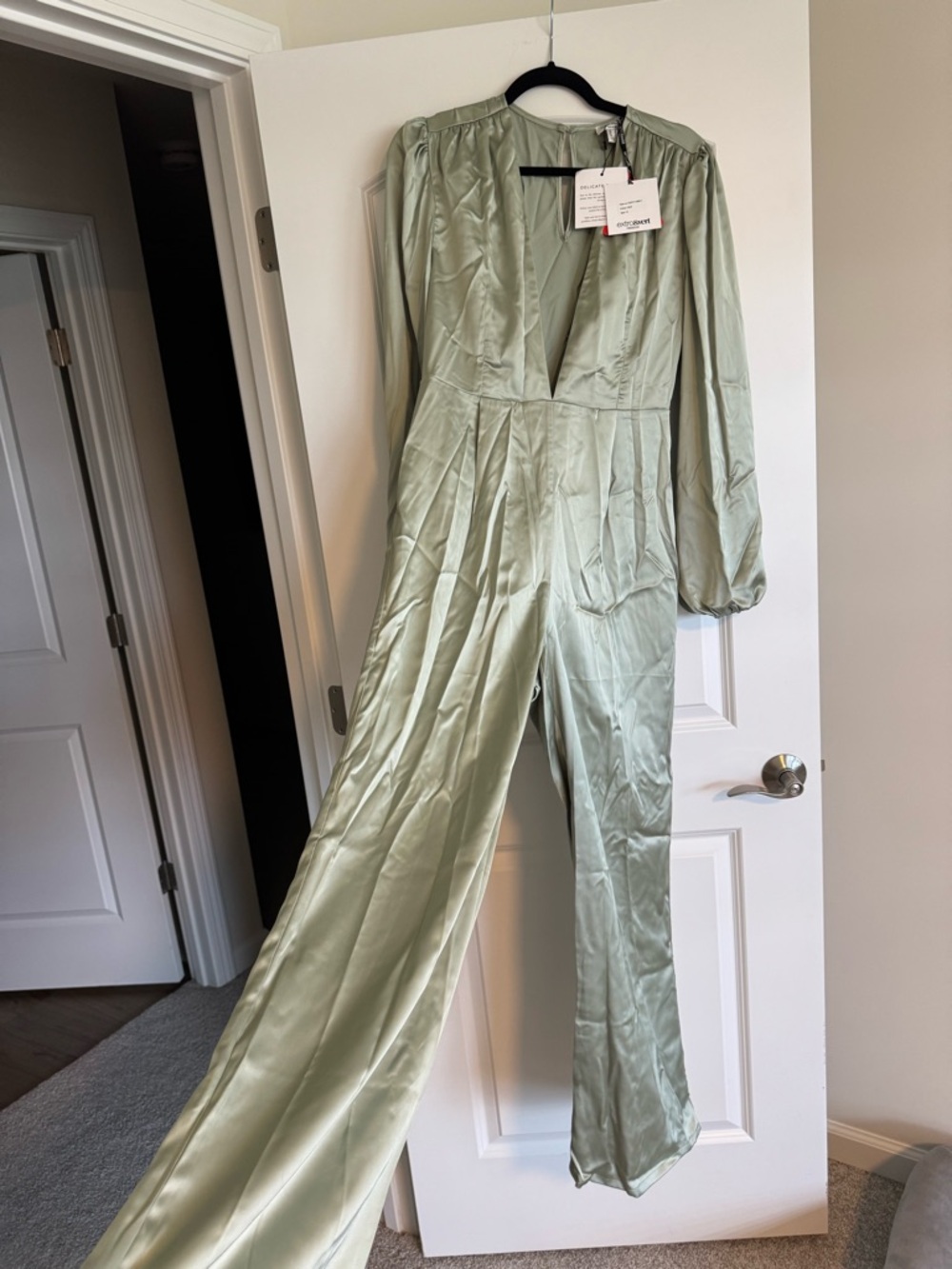 Size 12- Light Sage Satin Long Sleeve Jumpsuit